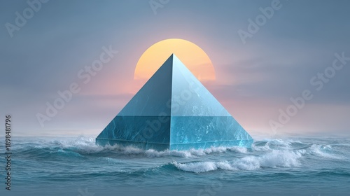 A surreal pyramid emerges from waves under a glowing sun, creating a mystical and serene atmosphere.