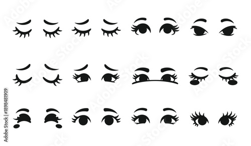 Collection of Stylized Black Eyelashes and Eyes on White Background whisk