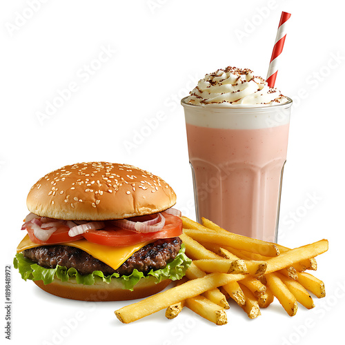 Delicious classic burger with fresh toppings, crispy fries, and a creamy milkshake on a white background