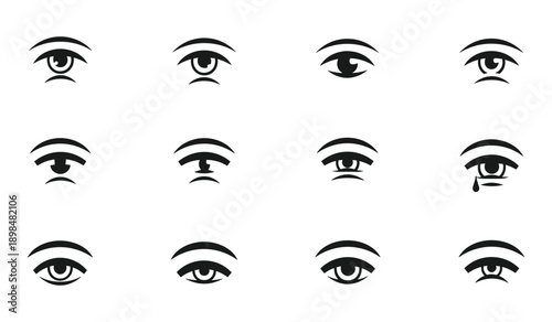 Set of Black and White Human Eye Icons Showing Different Emotions and Expressions human eyes eye symbols