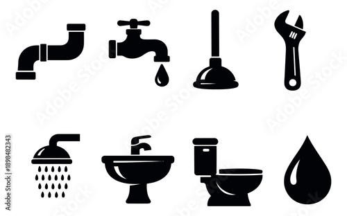 Simple graphic plumbing icons set featuring pipes, faucets, and tools for home maintenance services