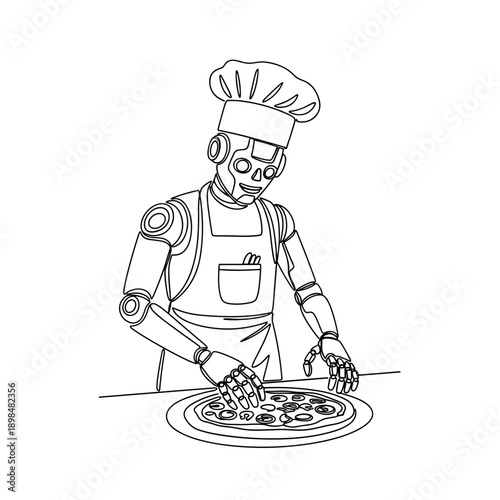 Robot chef preparing pizza in a restaurant kitchen for food industry, culinary education, illustrations