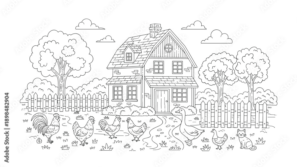 Obraz premium Detailed black and white coloring page illustration features a farmhouse, chickens, a goose, and a cat in a rural yard.