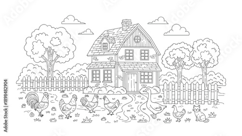 Detailed black and white coloring page illustration features a farmhouse, chickens, a goose, and a cat in a rural yard.