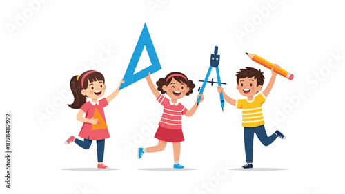 Three happy school children are holding oversized math tools like a triangle ruler, a compass, and a large pencil.