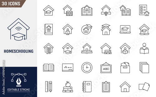 homeschooling icon set. Icons related to homeschooling, remotely studying, online education, distance learning, and more. Outline icon with Editable stroke. Vector illustration