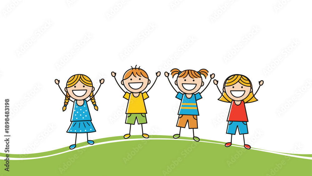 Naklejka premium Group of four happy children are standing and waving their arms on top of a grassy green hill against a white background.