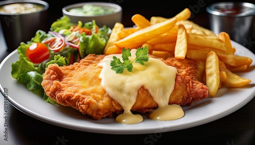 chicken schnitzel parmigiana with melted cheese served with chips and salad on a white plate generative ai