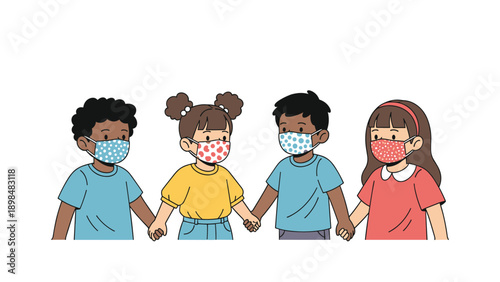 Group of four diverse children are holding hands while wearing colorful patterned cloth face masks for health protection.