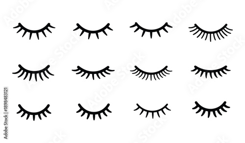 Twelve Black and White Illustrations of Closed Eyelashes eyes sleeping