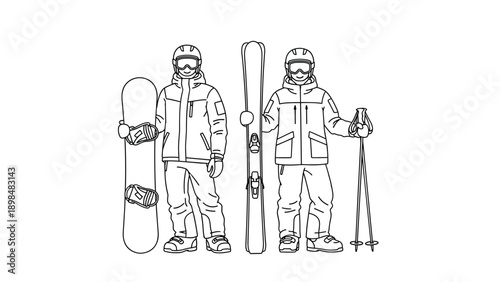 Black and white line drawing features two people dressed in winter gear holding a snowboard and a pair of skis with poles.