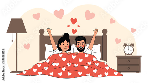Happy man and woman in bed under a heart-patterned blanket celebrate love with decorative floating hearts around them.