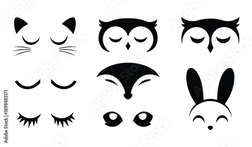 Collection of Six Black and White Cute Animal Face Icons with Closed Eyes animals