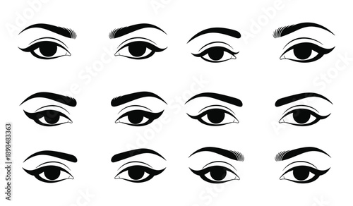 Twelve Black And White Illustrations Of Elegant Eyes With Different Eyeliner Styles makeup beauty