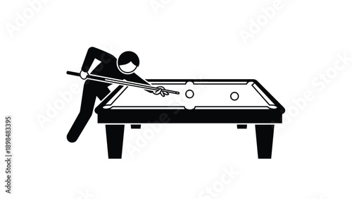 Minimalist black and white icon of a stick figure player concentrating on a shot while playing pool or billiards on a professional table.