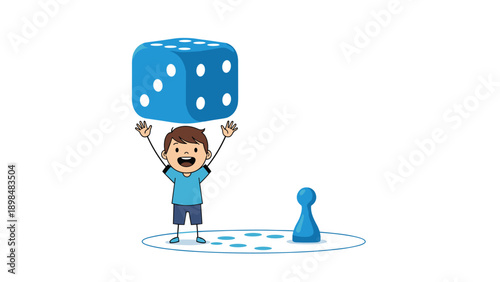 Excited young boy character holding a huge blue die above his head, celebrating a win or enjoying a fun and educational board game activity.