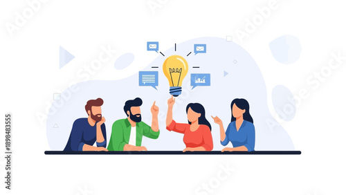 Teamwork brainstorming session with a bright idea lightbulb, business concept.