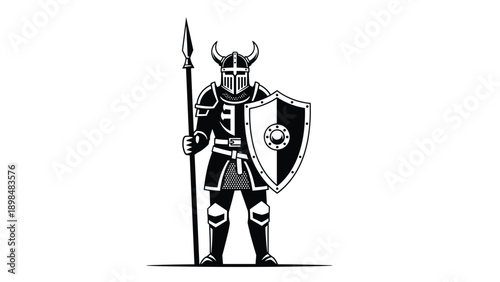 Medieval knight in full plate armor stands holding a long spear and a heater shield in a powerful black and white silhouette.