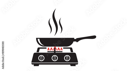Black silhouette of a frying pan placed on a gas stove burner with red flames and rising steam curls on a white background.