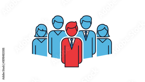Business team illustration depicts a diverse group of people in blue suits with one leader standing out in a bright red suit.