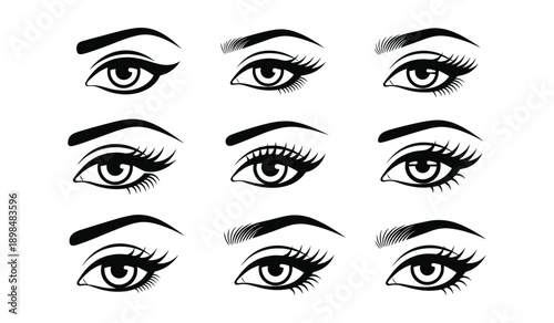 Nine Stylized Black And White Eyes With Different Eyeliner And Eyelash Styles makeup beauty