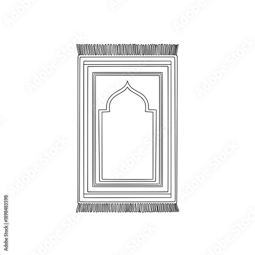 Ornamental black prayer mat line art top view vector with Islamic motifs on white background