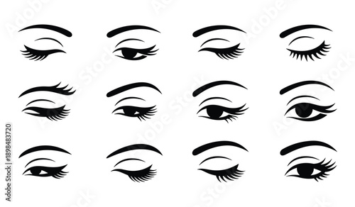 Twelve black and white illustrations of female eyes with closed and open expressions and stylized eyelashes Keywords: eyes, eyelashes, eyebrows, makeup, beauty, fashion, illustration, black and