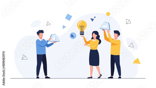 Teamwork and Innovation: People holding lightbulb and charts