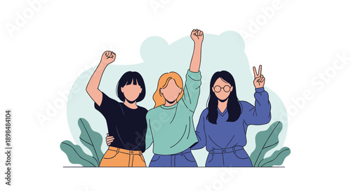 Three strong and diverse women stand together as friends, raising their hands in gestures of power, peace, and unity.