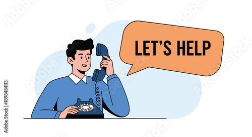 Friendly man talking on a vintage rotary phone with a speech bubble saying 'Let's Help,' concept for customer support.