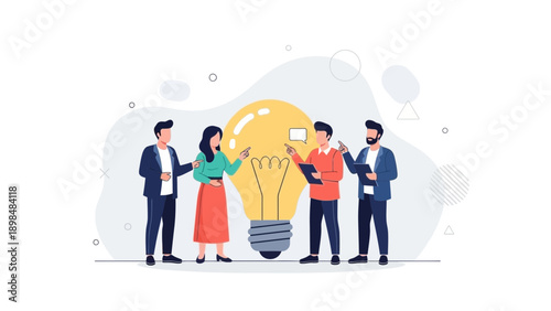 Teamwork and Innovation: People Brainstorming Around a Giant Lightbulb
