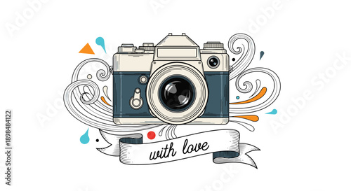 Beautifully detailed hand-drawn illustration of a vintage film camera with decorative swirls and a 'with love' banner.