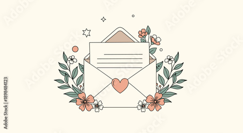 Romantic open envelope containing a letter, beautifully decorated with a heart seal, delicate flowers, and green leaves.