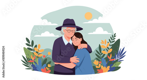 Tender moment between an elderly mother or grandmother and a young woman sharing a loving hug amidst beautiful flowers.