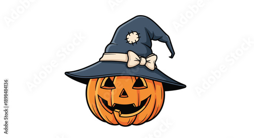 Spooky and cute cartoon jack-o'-lantern pumpkin wearing a pointy, patched-up witch hat for Halloween celebrations.