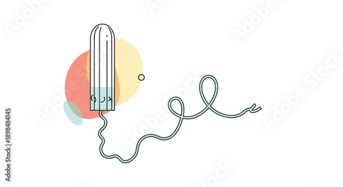 Minimalist and modern line art icon of a tampon with a cute smiling face, set against a background of abstract shapes.