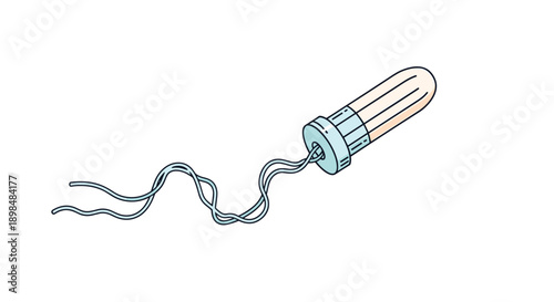 Simple and clear colored line drawing of a standard feminine hygiene tampon with an applicator and a braided string.