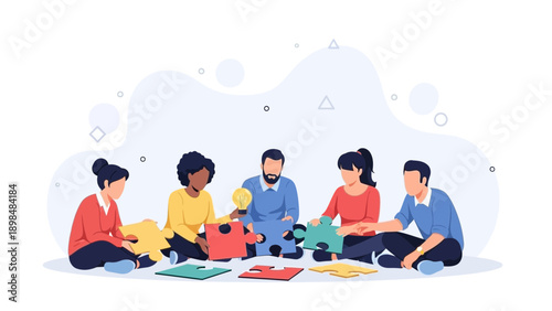 Diverse team solving jigsaw puzzle, brainstorming ideas, collaboration and teamwork concept