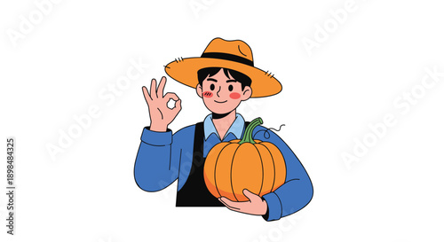 Smiling young farmer in a straw hat holding a fresh pumpkin and making an okay sign, isolated on a white background.