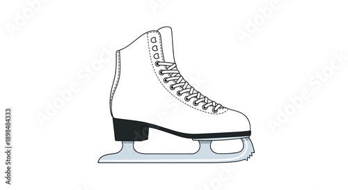 Classic white figure skate with black heel and silver blade, depicted in a clean line art style on a white background.