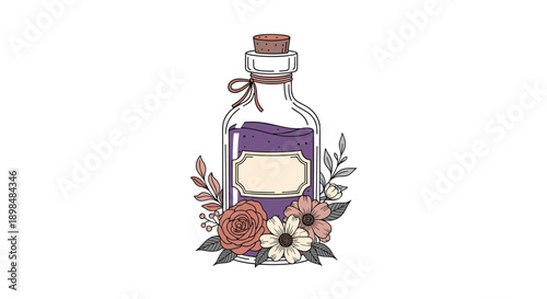 Vintage glass bottle with a cork stopper and a blank label, filled with a purple potion and decorated with beautiful flowers.