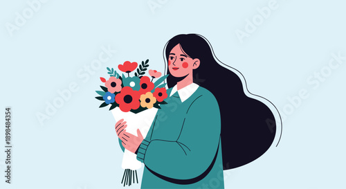 Charming young woman with long dark hair, wearing a green sweater, holding a beautiful and colorful bouquet of flowers.