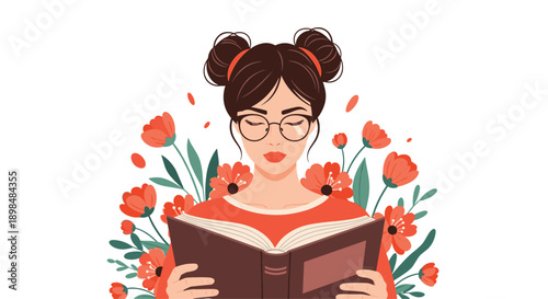 Beautiful young woman with glasses and hair buns is peacefully reading a book, surrounded by lovely red flowers.