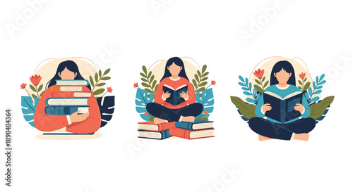 Set of three illustrations showing a woman reading, holding a stack of books, and sitting on a pile of books.