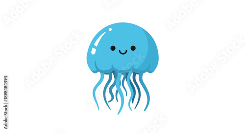 Cute and simple cartoon illustration of a happy, smiling blue jellyfish with long tentacles, isolated on a white background.