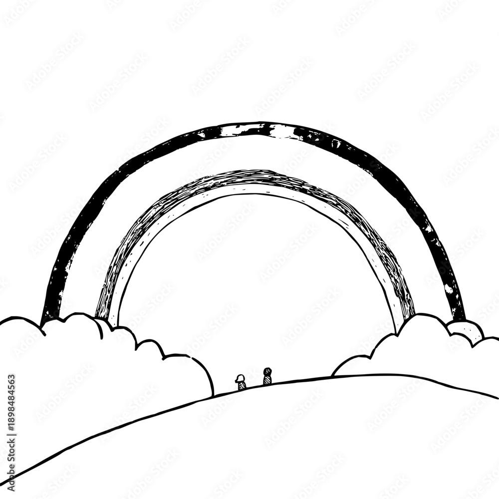 Fototapeta premium Two people standing on a hill gazing at a large hand drawn double rainbow with fluffy clouds in a serene landscape scene