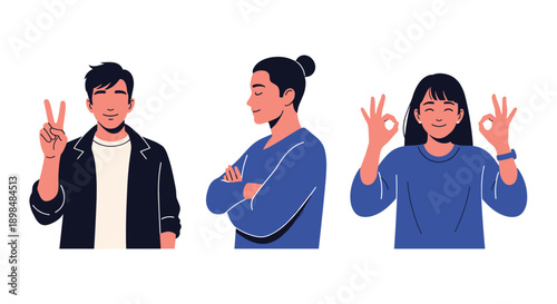 Set of three young people with positive gestures: one making a peace sign, one with arms crossed, and one making okay signs.
