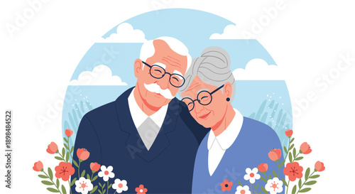Happy elderly couple embracing lovingly outdoors, surrounded by beautiful blooming flowers under a blue sky with clouds.