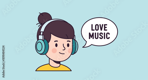 Cute cartoon girl with headphones on, smiling with a speech bubble that says 'LOVE MUSIC' on a light blue background.