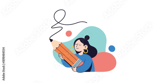 Creative woman with closed eyes happily hugging a giant pencil, drawing a scribble in the air against an abstract backdrop.